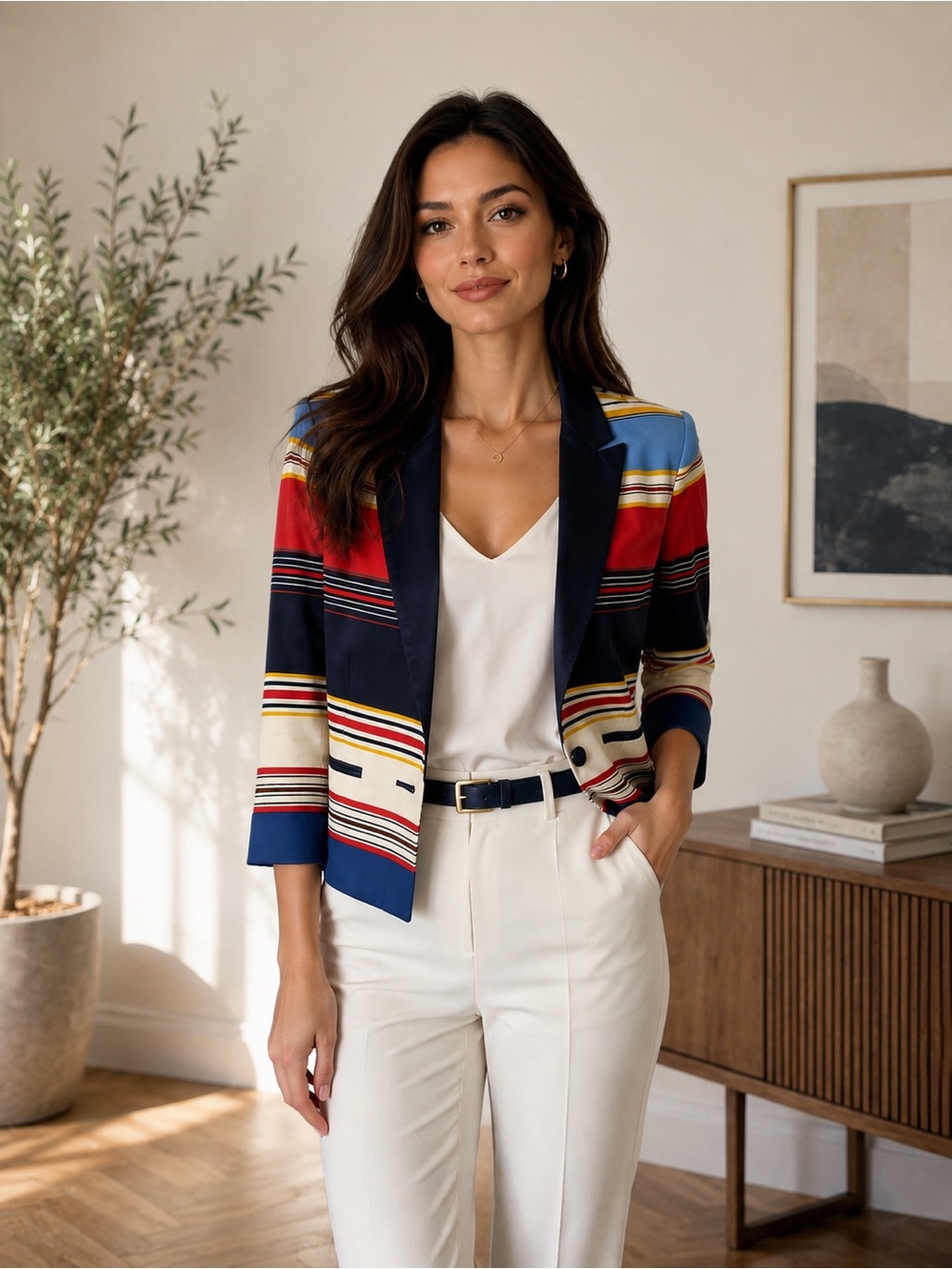 BCBGMaxAzria Navy, Red & White Striped Blazer